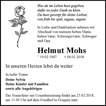 Traueranzeige von Helmut Mohs von Mitteldeutsche Zeitung Bitterfeld