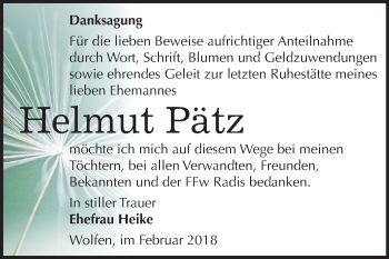 Traueranzeige von Helmut Pätz von Mitteldeutsche Zeitung