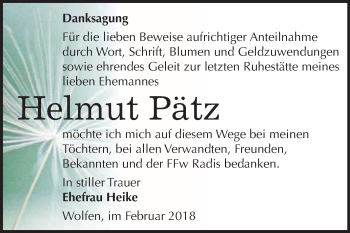 Traueranzeige von Helmut Pätz von WVG - Wochenspiegel Wittenberg