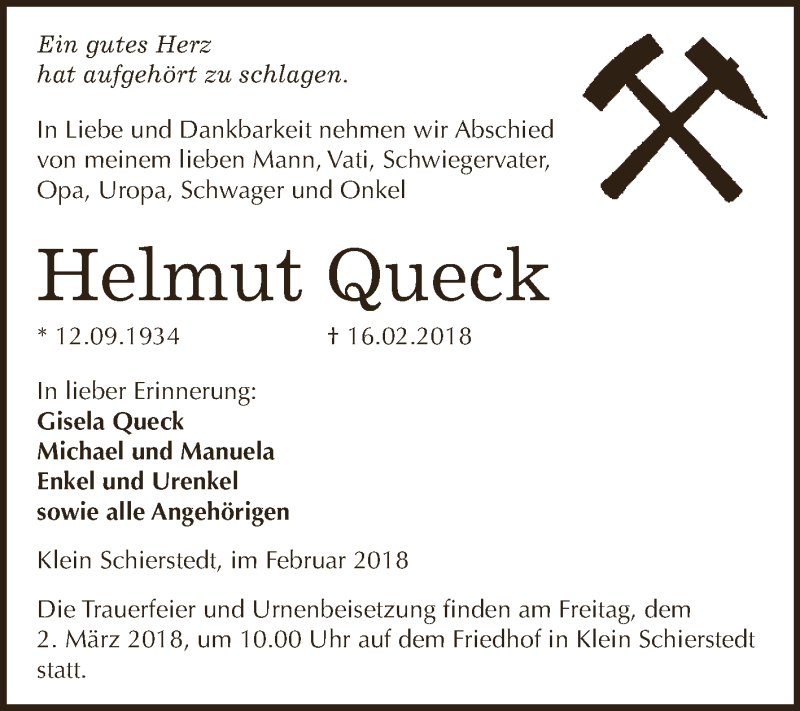  Traueranzeige für Helmut Queck vom 21.02.2018 aus Super Sonntag Aschersleben