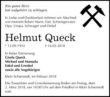 Traueranzeige von Helmut Queck von Mitteldeutsche Zeitung Aschersleben