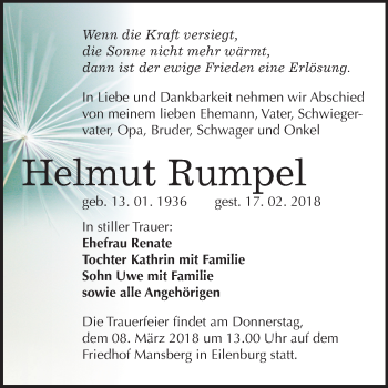 Traueranzeige von Helmut Rumpel von Mitteldeutsche Zeitung