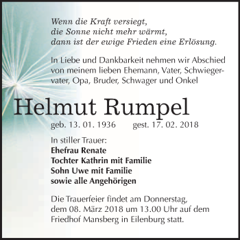 Traueranzeige von Helmut Rumpel von WVG - Wochenspiegel Wittenberg
