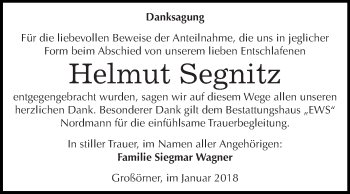 Traueranzeige von Helmut Segnitz von Wochenspiegel Mansfelder Land