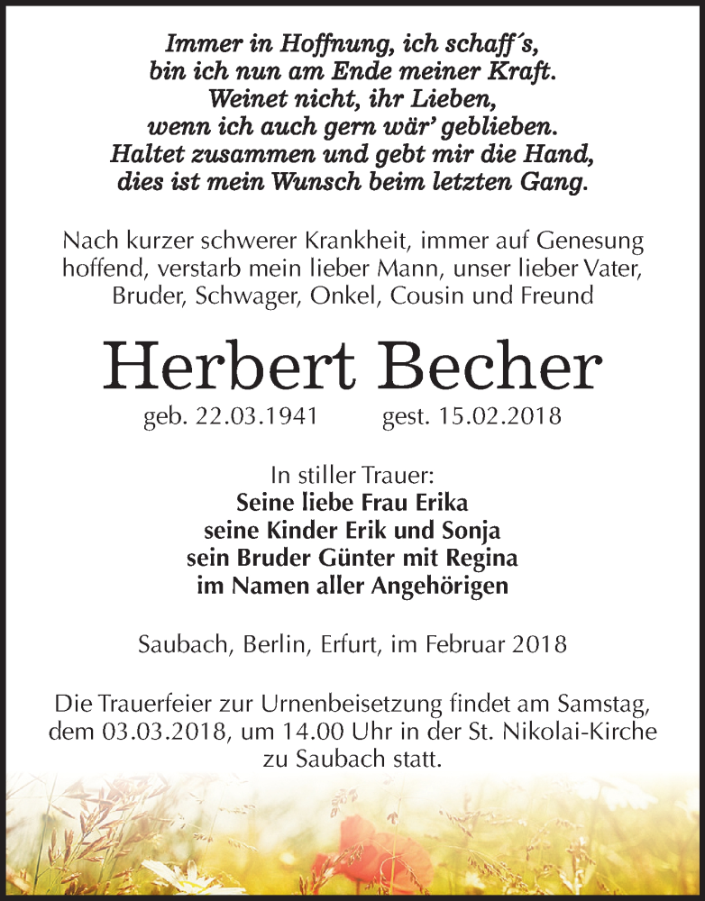  Traueranzeige für Herbert Becher vom 24.02.2018 aus Mitteldeutsche Zeitung