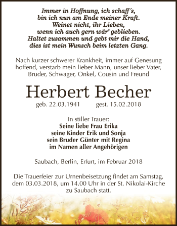 Traueranzeige von Herbert Becher von WVG - Wochenspiegel NMB / WSF / ZTZ