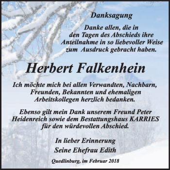 Traueranzeige von Herbert Falkenheim von WVG - Wochenspiegel Quedlinburg