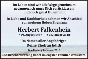 Traueranzeige von Herbert Falkenhein von WVG - Wochenspiegel Quedlinburg