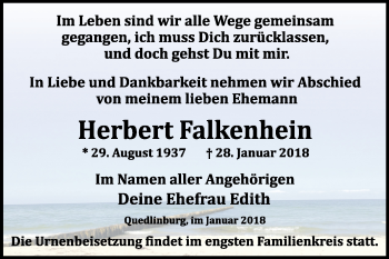Traueranzeige von Herbert Falkenhein von Mitteldeutsche Zeitung Quedlinburg