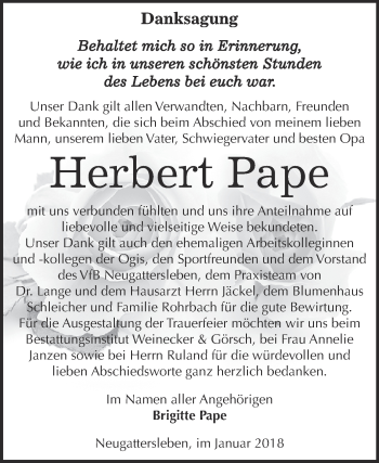Traueranzeige von Herbert Pape von Super Sonntag Bernburg