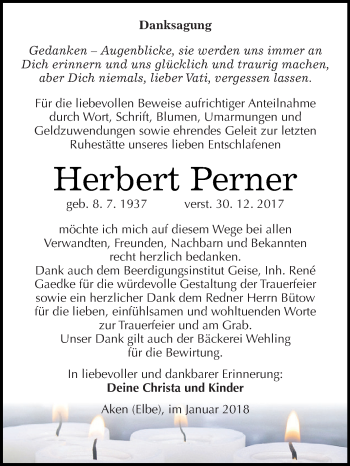 Traueranzeige von Herbert Perner von WVG - Wochenspiegel Dessau / Köthen