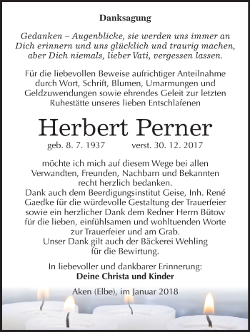Traueranzeige von Herbert Perner von Mitteldeutsche Zeitung Köthen