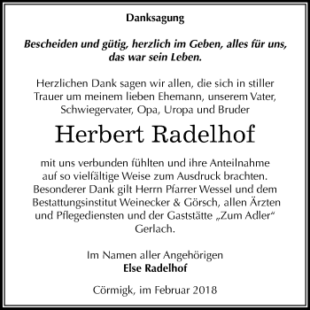 Traueranzeige von Herbert Radelhof von Mitteldeutsche Zeitung Bernburg