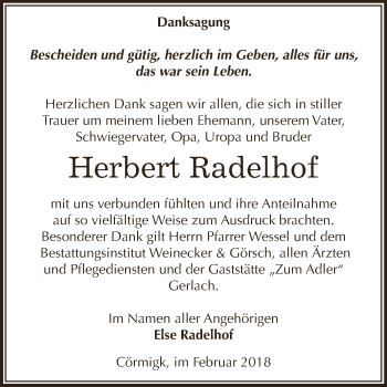 Traueranzeige von Herbert Radelhof von Super Sonntag Bernburg