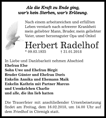 Traueranzeige von Herbert Radelhof von Mitteldeutsche Zeitung Bernburg