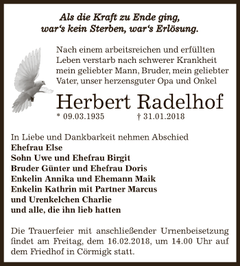 Traueranzeige von Herbert Radelhof von Super Sonntag Bernburg