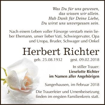 Traueranzeige von Herbert Richter von Super Sonntag SGH Mansf. Land