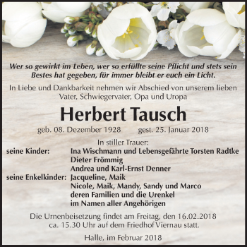 Traueranzeige von Herbert Tausch von Mitteldeutsche Zeitung Halle/Saalkreis