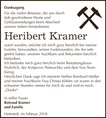 Traueranzeige von Heribert Kramer von Wochenspiegel Mansfelder Land