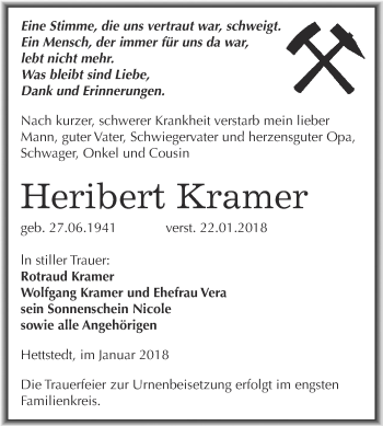 Traueranzeige von Heribert Kramer von Wochenspiegel Mansfelder Land