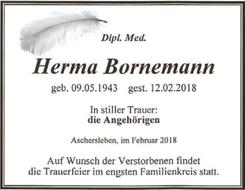 Traueranzeige von Herma Bornemann von Super Sonntag Aschersleben