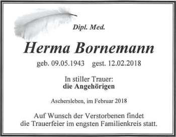 Traueranzeige von Herma Bornemann von Mitteldeutsche Zeitung Aschersleben