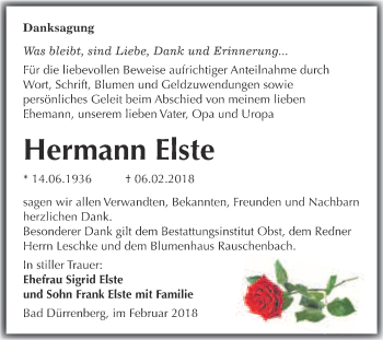 Traueranzeige von Hermann Elste von Super Sonntag Merseburg