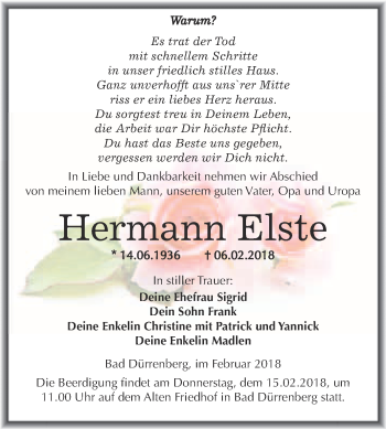 Traueranzeige von Hermann Elste von Super Sonntag Merseburg