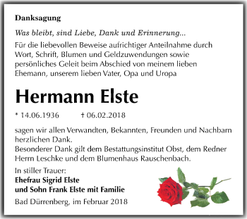 Traueranzeige von Hermann Elste von Mitteldeutsche Zeitung Merseburg/Querfurt
