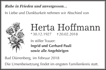 Traueranzeige von Herta Hoffmann von Super Sonntag Merseburg