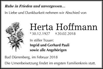 Traueranzeige von Herta Hoffmann von Mitteldeutsche Zeitung Merseburg/Querfurt