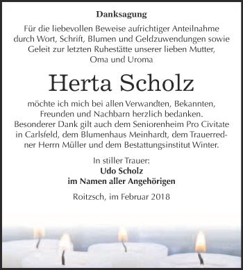 Traueranzeige von Herta Scholz von WVG - Wochenspiegel Bitterfeld