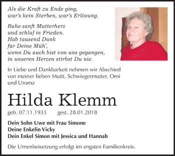 Traueranzeige von Hilda Klemm von Mitteldeutsche Zeitung