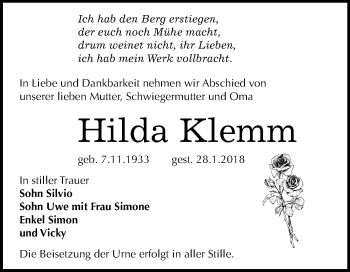 Traueranzeige von Hilda Klemm von Mitteldeutsche Zeitung Merseburg/Querfurt