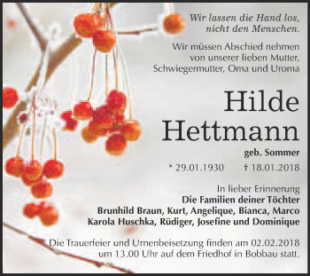 Traueranzeige von Hilde Hettmann von WVG - Wochenspiegel Bitterfeld