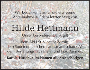 Traueranzeige von Hilde Hettmann von Mitteldeutsche Zeitung Bitterfeld
