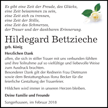 Traueranzeige von Hildegard Bettzieche von Super Sonntag SGH Mansf. Land