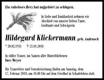 Traueranzeige von Hildegard Klickermann von Mitteldeutsche Zeitung Aschersleben