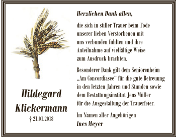 Traueranzeige von Hildegard Klickermann von Super Sonntag Aschersleben