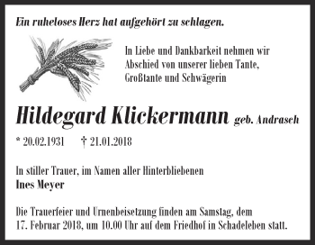 Traueranzeige von Hildegard Klickermann von Super Sonntag Aschersleben