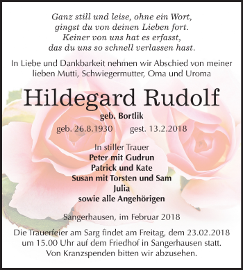 Traueranzeige von Hildegard Rudolf von Mitteldeutsche Zeitung Sangerhausen