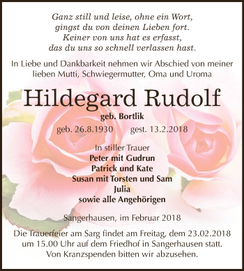 Traueranzeige von Hildegard Rudolf von WVG - Wochenspiegel SGH