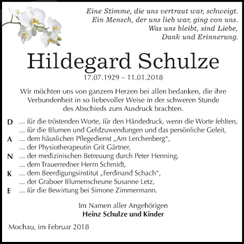 Traueranzeige von Hildegard Schulze von Mitteldeutsche Zeitung