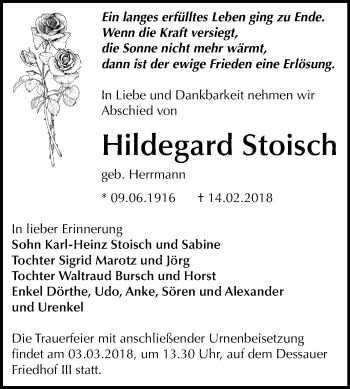 Traueranzeige von Hildegard Stoisch von Mitteldeutsche Zeitung Dessau-Roßlau