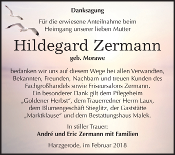 Traueranzeige von Hildegard Zermann von Mitteldeutsche Zeitung Quedlinburg