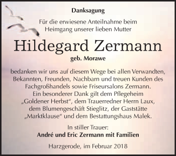 Traueranzeige von Hildegard Zermann von WVG - Wochenspiegel Quedlinburg
