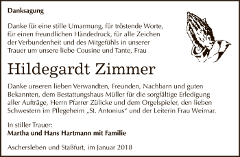 Traueranzeige von Hildegardt Zimmer von Super Sonntag Aschersleben