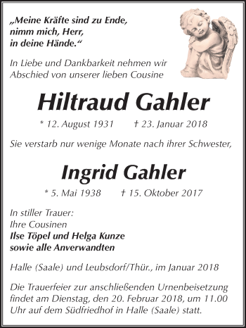 Traueranzeige von Hiltraud und Ingrid Gahler von Mitteldeutsche Zeitung Halle/Saalkreis