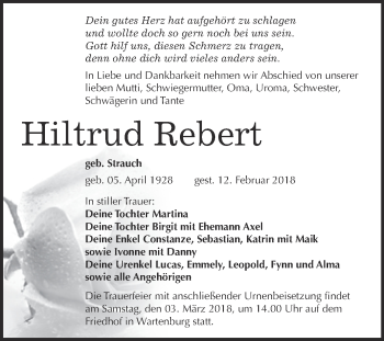 Traueranzeige von Hiltrud Rebert von Super Sonntag Wittenberg