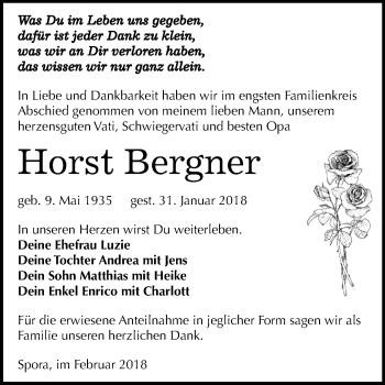 Traueranzeige von Horst Bergner von Mitteldeutsche Zeitung Zeitz
